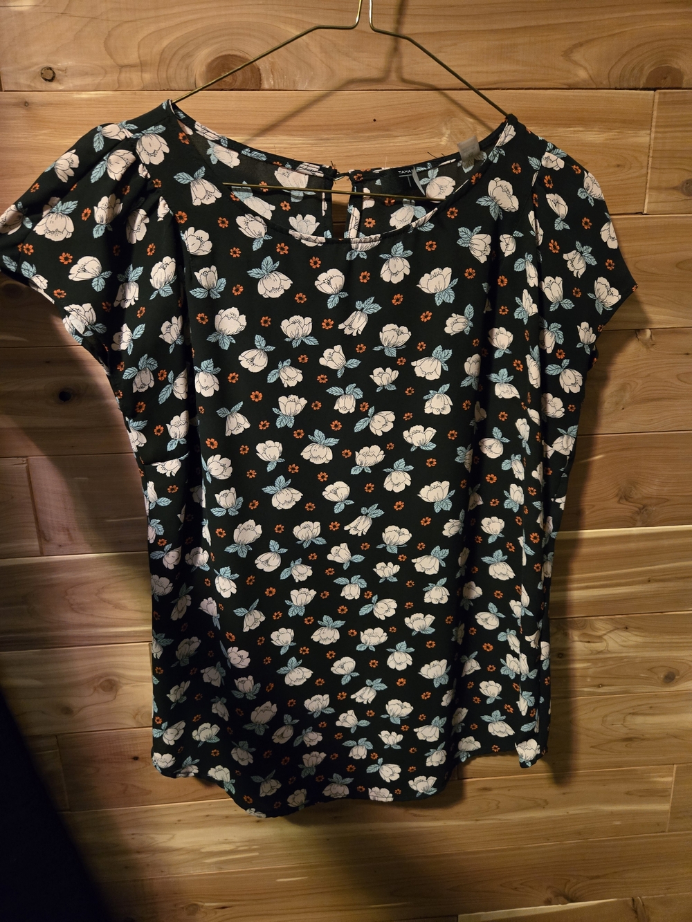 Tahari Black Floral Short-Sleeve Blouse with White & Teal Flowers